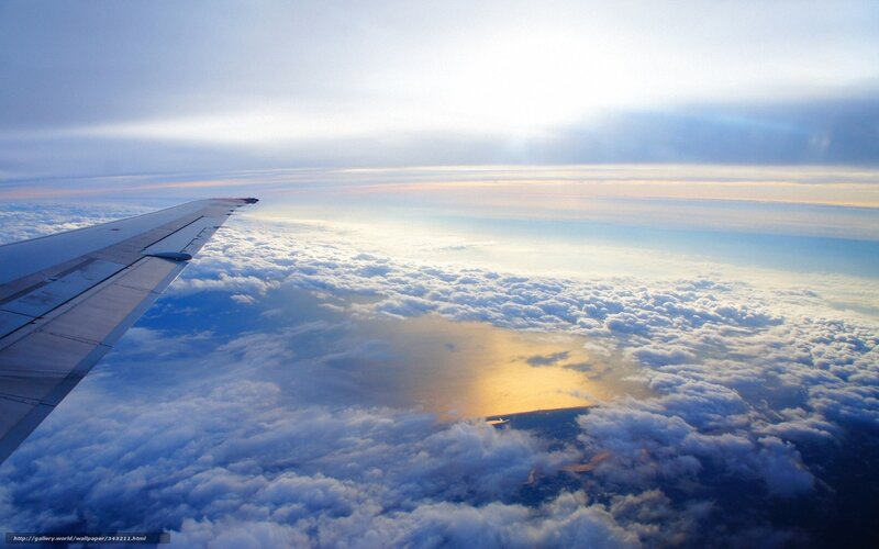 Airplane Wing Above Clouds — Blue, Serene, Sunset, Photograph, Sunlight