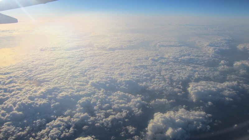 Airplane Wing Above Clouds — White, Serene, Sunrise