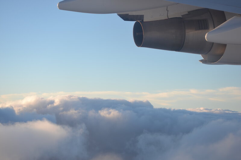 Airplane Wing and Engine — Blue, Serene, Morning, Photograph
