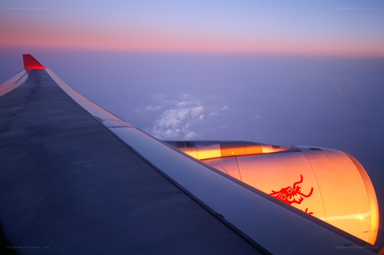 Airplane wing at sunset