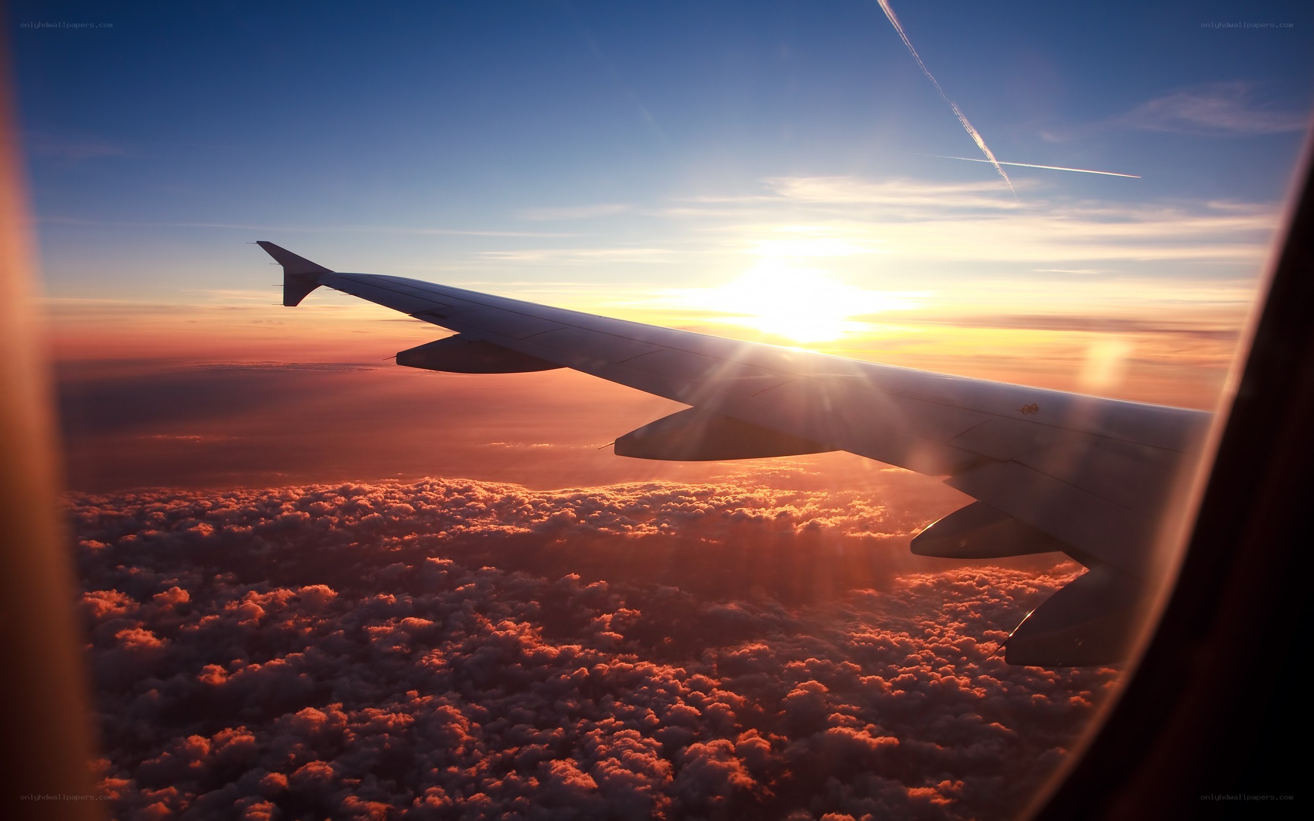 Airplane wing at sunset