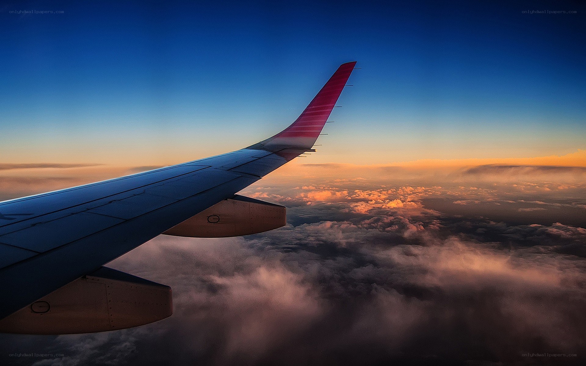 Airplane wing at sunset