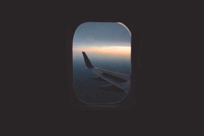 Airplane Wing at Sunset — Blue, Serene, Photograph, Sky