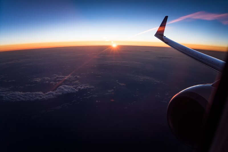 Airplane Wing at Sunset — Blue, Serene, Photograph