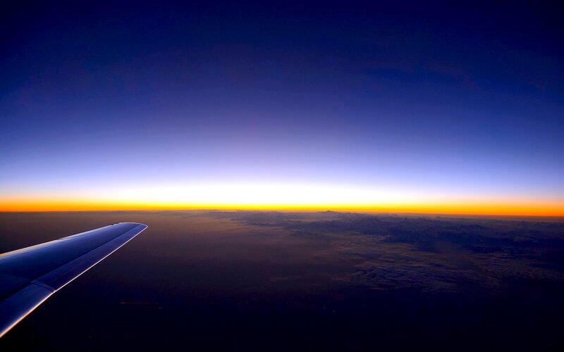 Airplane Wing at Sunset — Blue, Serene