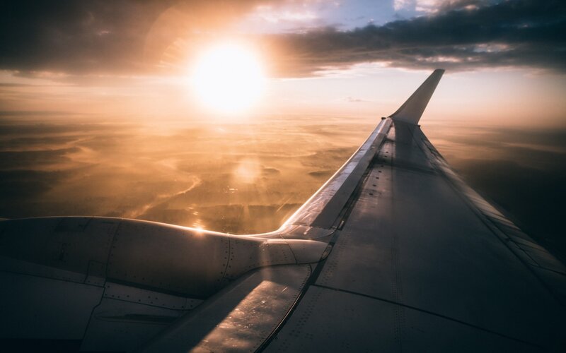Airplane Wing at Sunset — Orange, Dramatic, Photograph, Sun