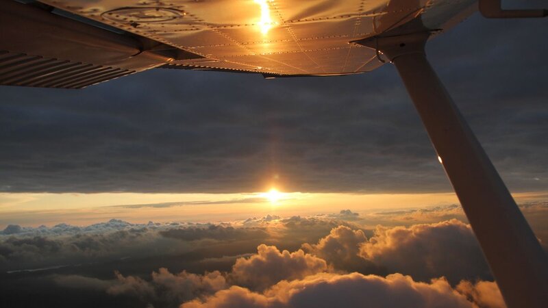 Airplane Wing at Sunset — Orange, Serene, Photograph, Sun, Clouds