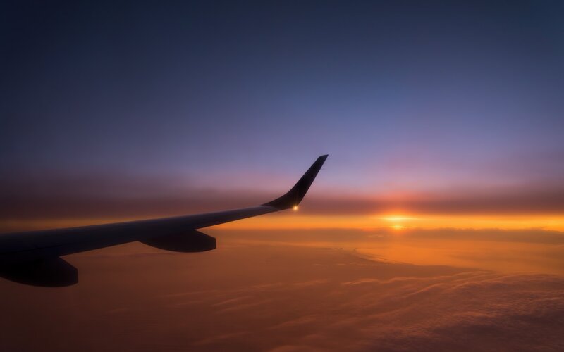 Airplane Wing at Sunset — Orange, Serene, Photograph