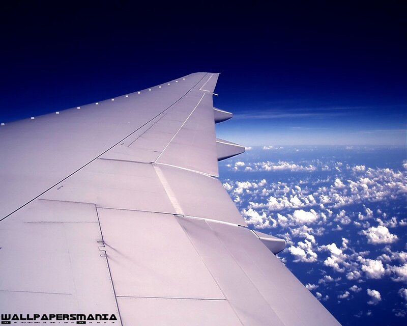 Airplane Wing in Flight — Blue, Serene, Afternoon, Photograph, Clouds, Sky, White, Gray