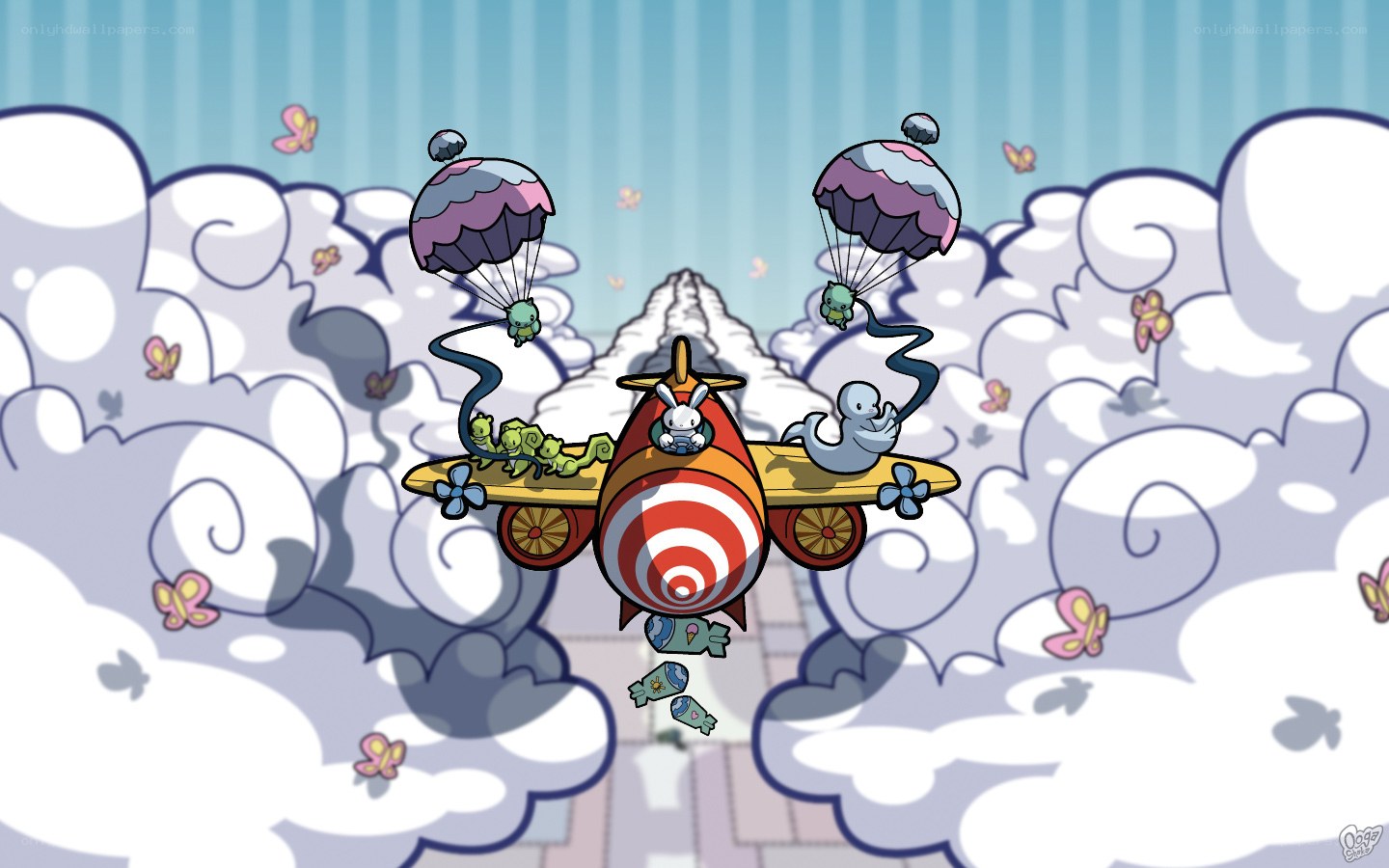 airplane with parachuting creatures