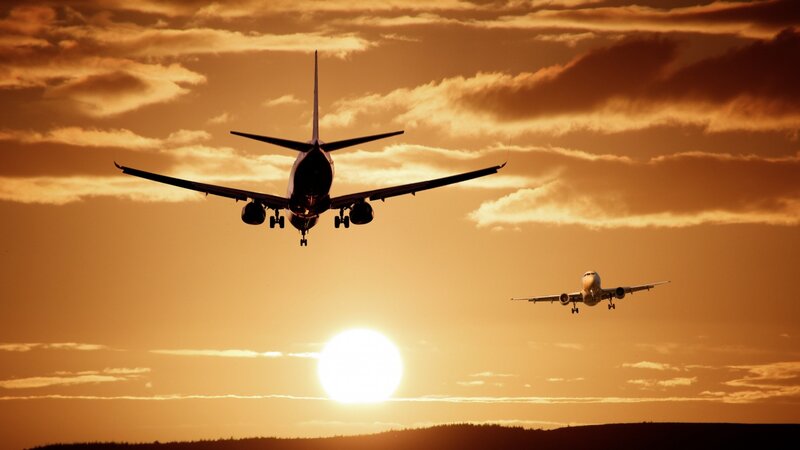 Airplanes at Sunset — Orange, Dramatic