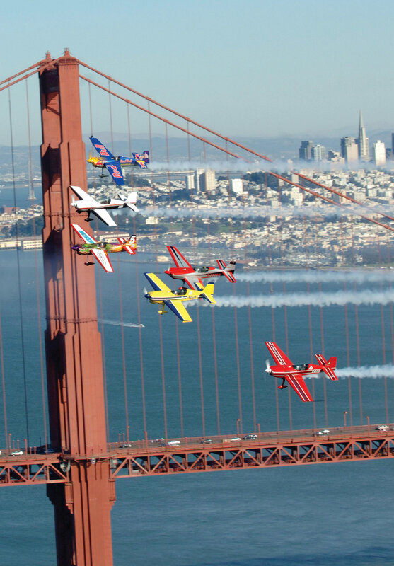 Airplanes flying over Golden Gate Bridge