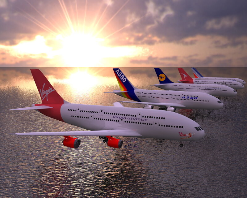 Airplanes flying over water at sunset