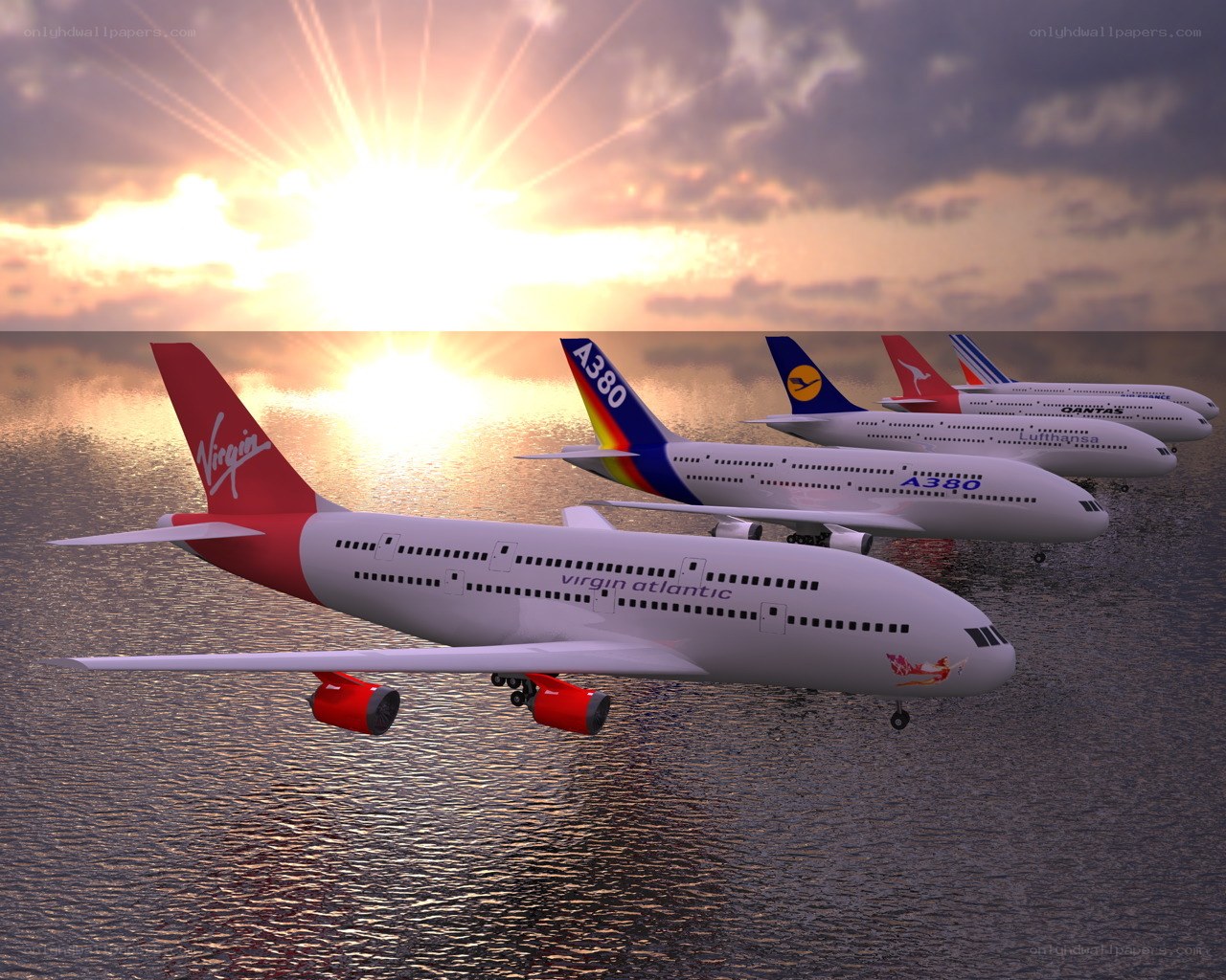Airplanes flying over water at sunset