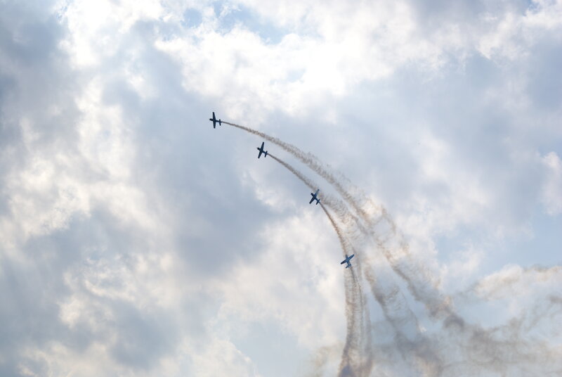 Airplanes in Formation — Blue, Dramatic, Afternoon, Photograph, Smoke Trails, Clouds, White