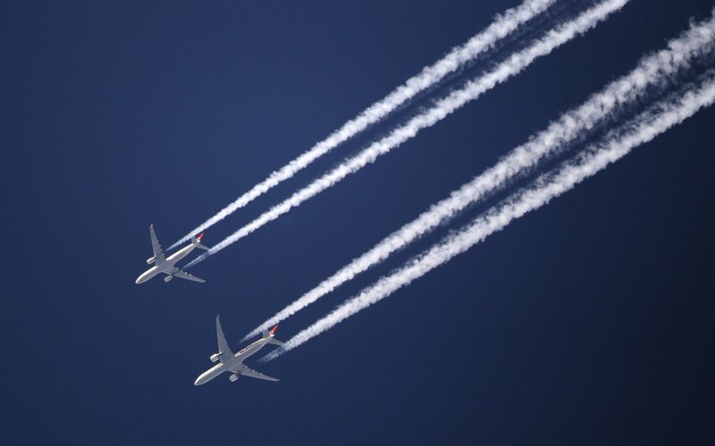 Airplanes in Formation — Blue, Dramatic, Afternoon, Photograph, Smoke Trails, Sky, White