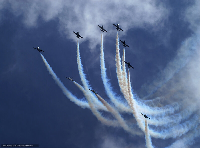 Airplanes in Formation — Blue, Dramatic, Photograph, Smoke Trails