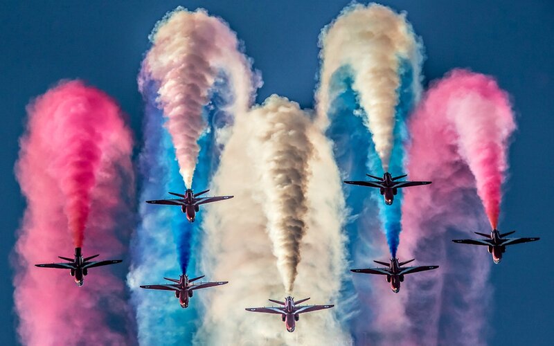 Airplanes in Formation — Blue, Dramatic, Photograph