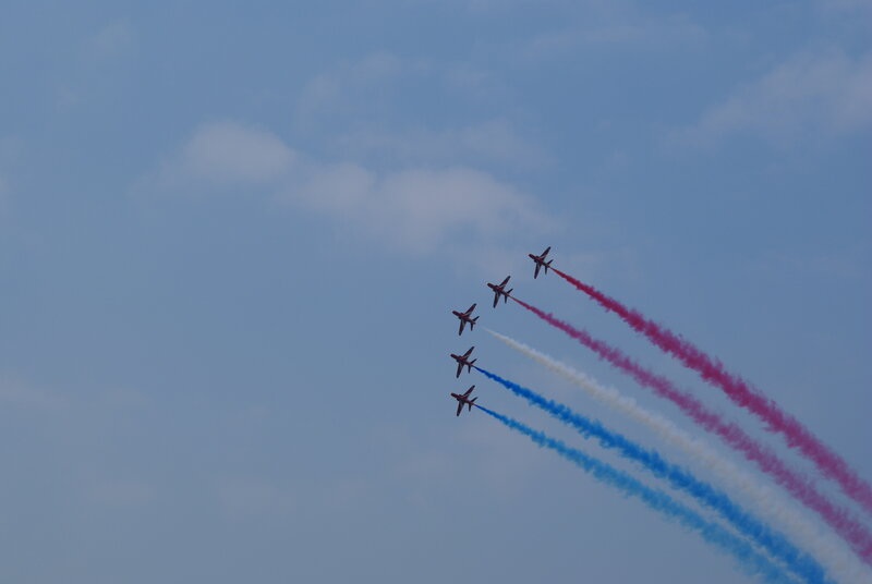 Airplanes in Formation — Blue, Dynamic, Afternoon, Photograph, Smoke Trails, Sky, Clouds