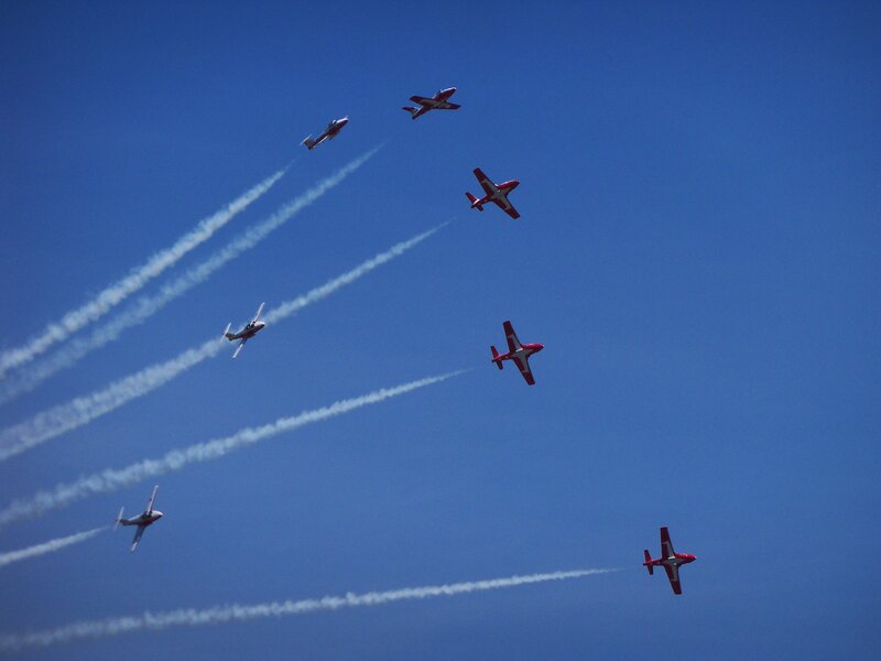 Airplanes in Formation — Blue, Dynamic, Afternoon, Photograph, Smoke Trails, Sky, White, Red