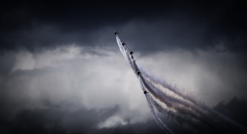 Airplanes in Formation — Gray, Dramatic