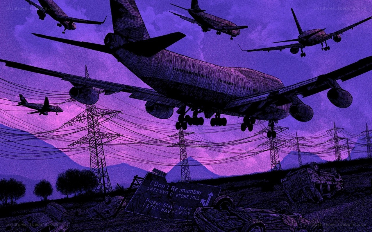 Airplanes over a ruined landscape