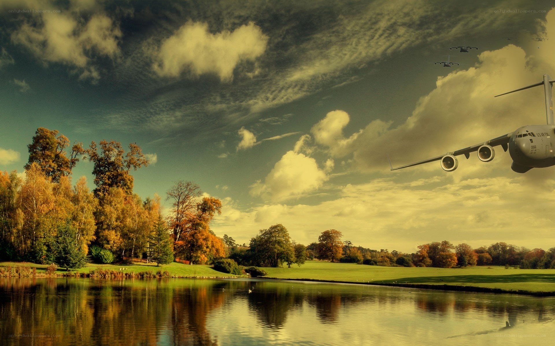 Airplanes over autumn park