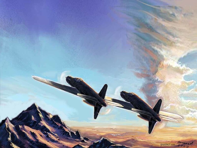 Airplanes over mountain peaks