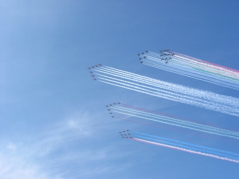 Airplanes Performing Aerobatics — Blue, Dynamic, Afternoon, Photograph, Smoke Trails, Sky, Formation