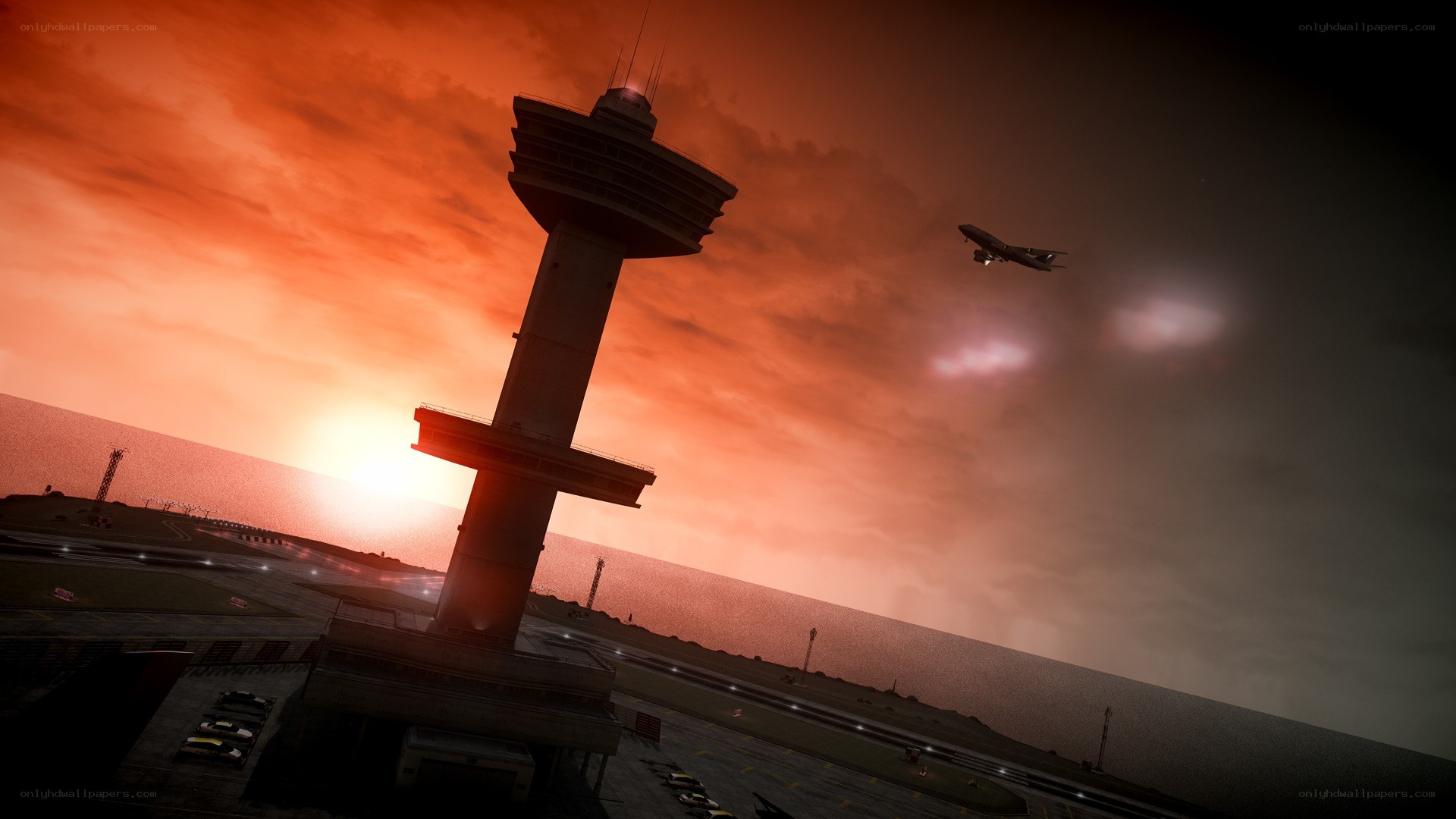 Airport at sunset with plane