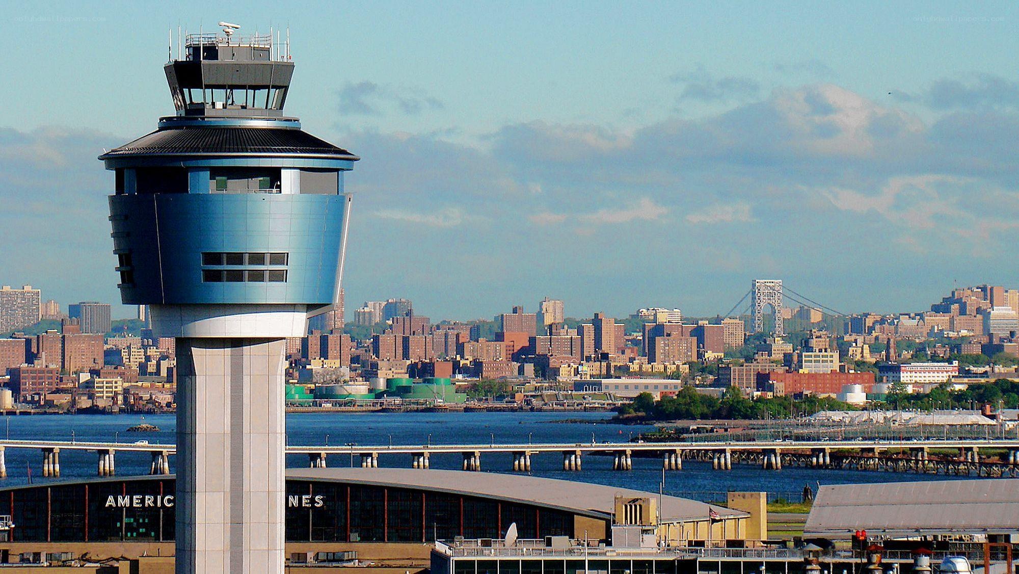 Airport control tower with city view