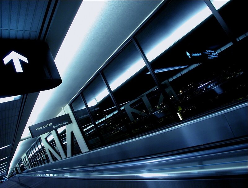 Airport moving walkway at night