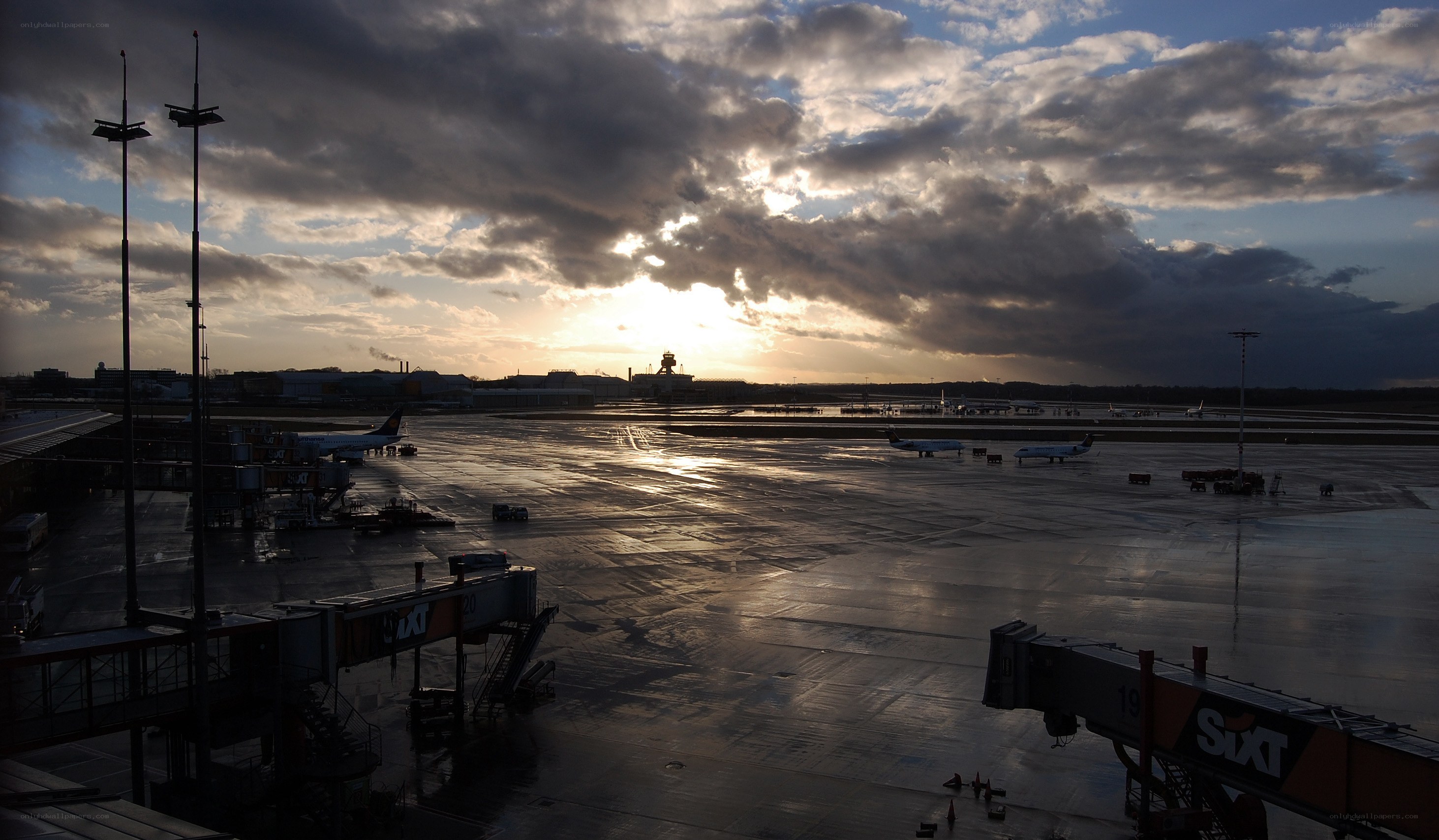 Airport tarmac at sunset