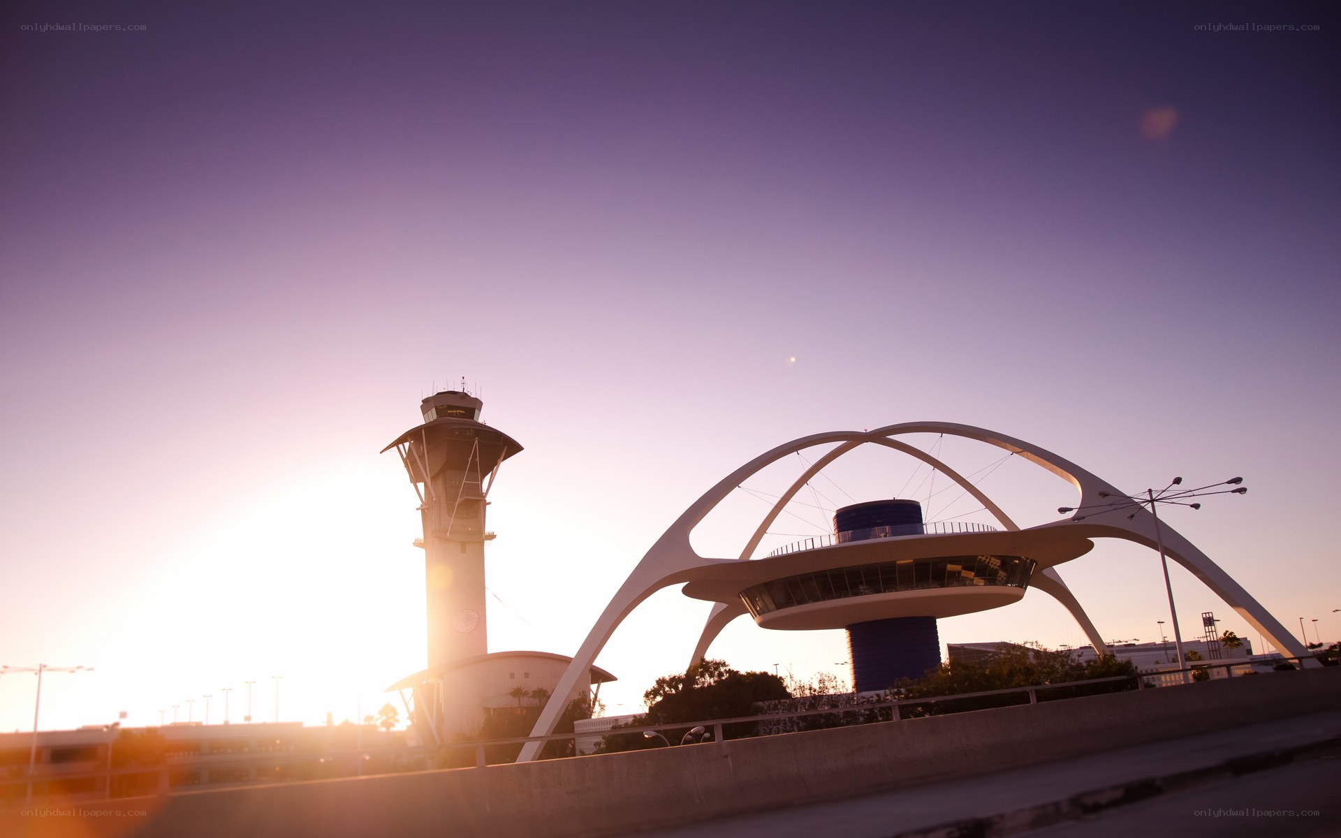 Airport terminal at sunset