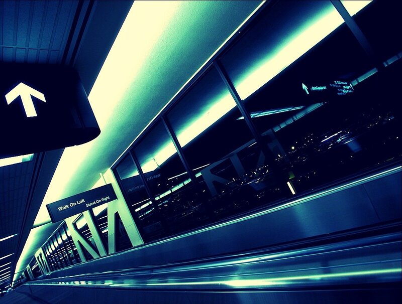 Airport walkway at night