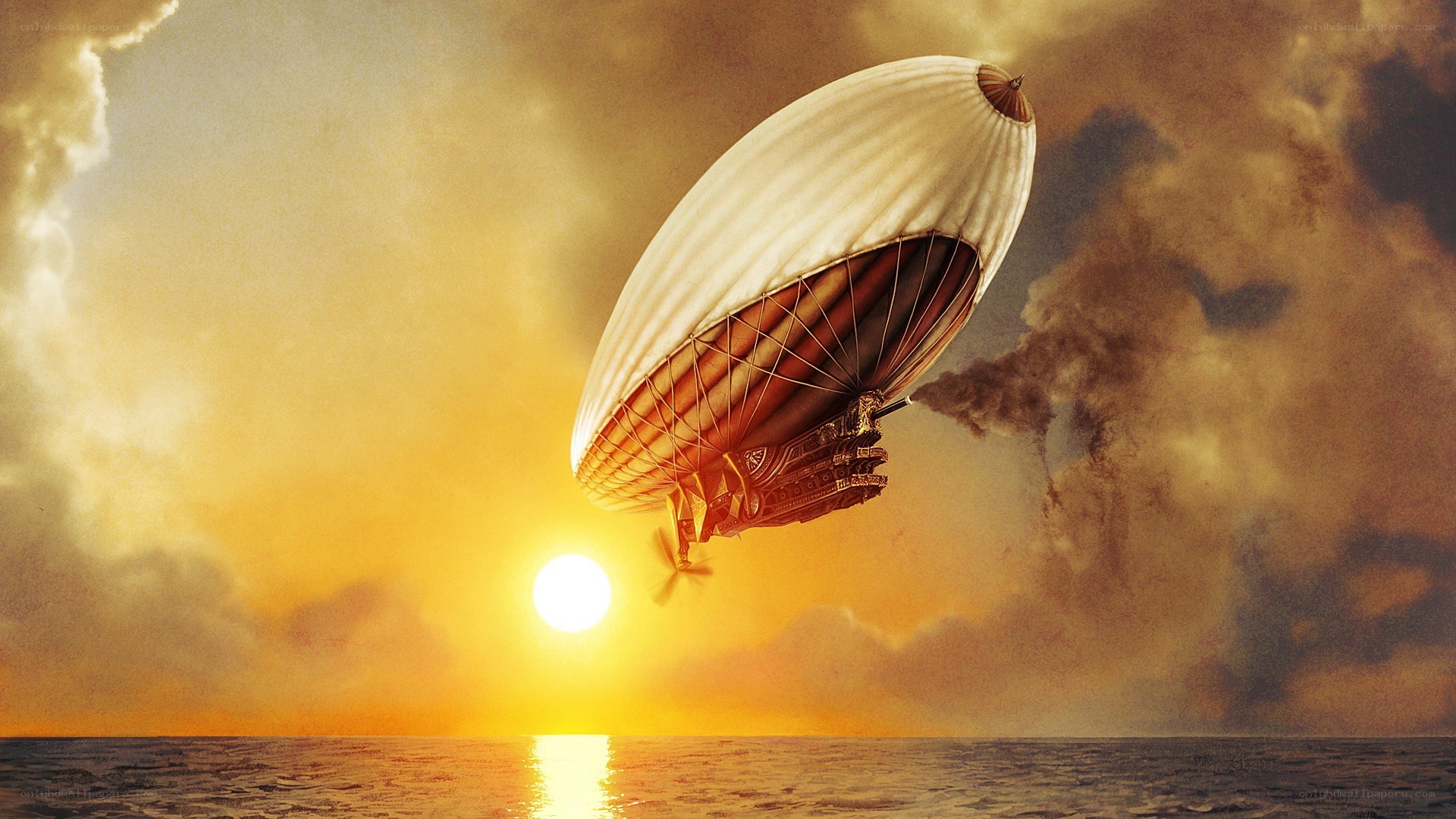 Airship at sunset over sea