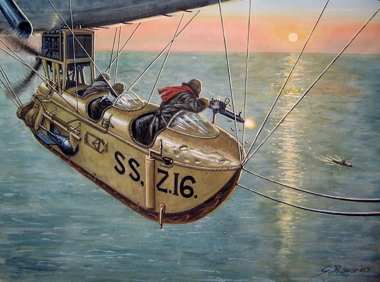 Airship attacks ship at sunset
