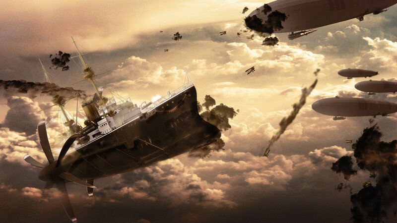 Airship battle in cloudy sky
