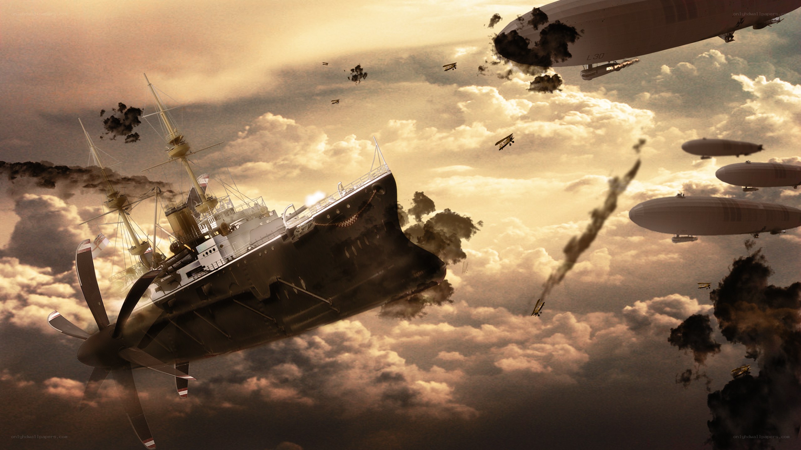 Airship battle in cloudy sky