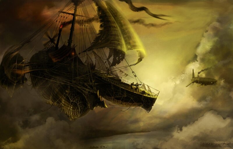 Airship battle in stormy sky