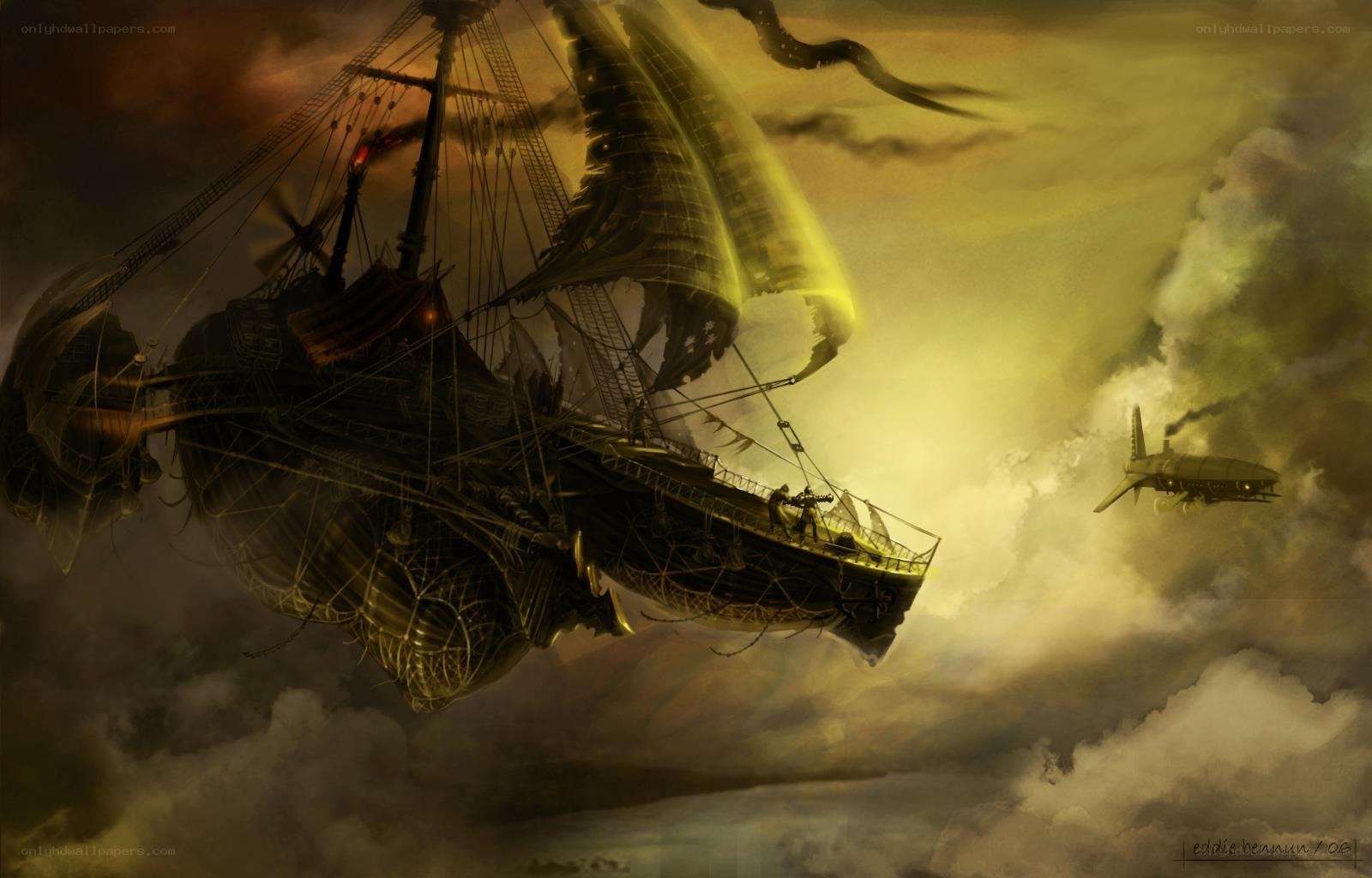 Airship battle in stormy sky