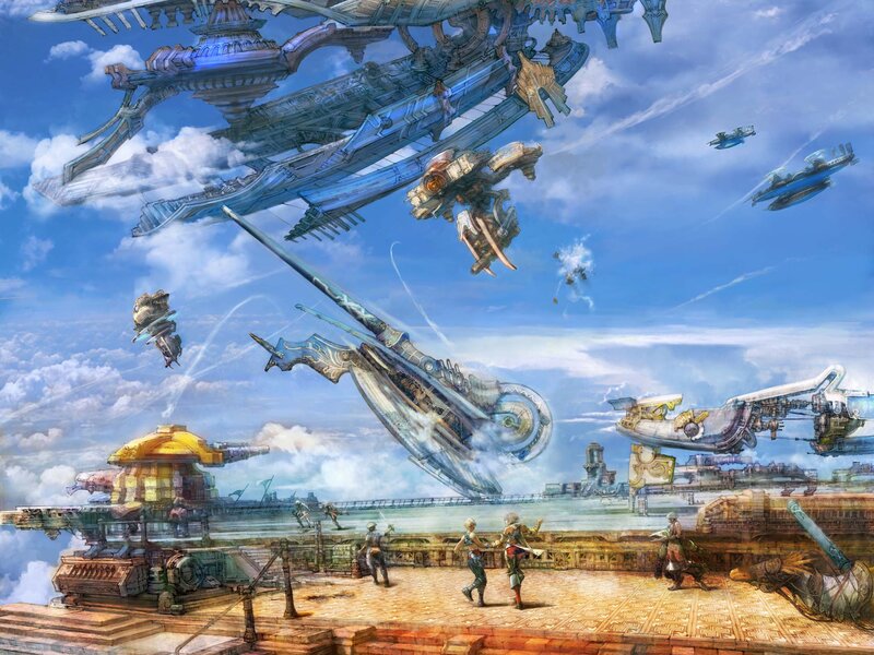 Airship battle over a floating city