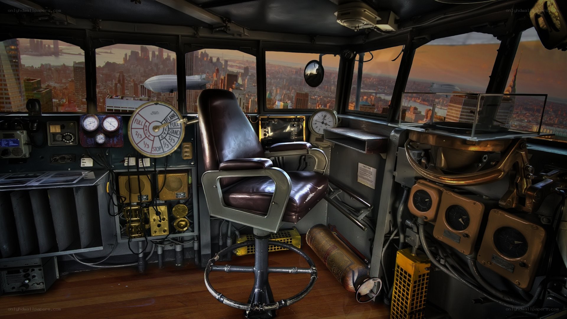 airship cockpit with city view
