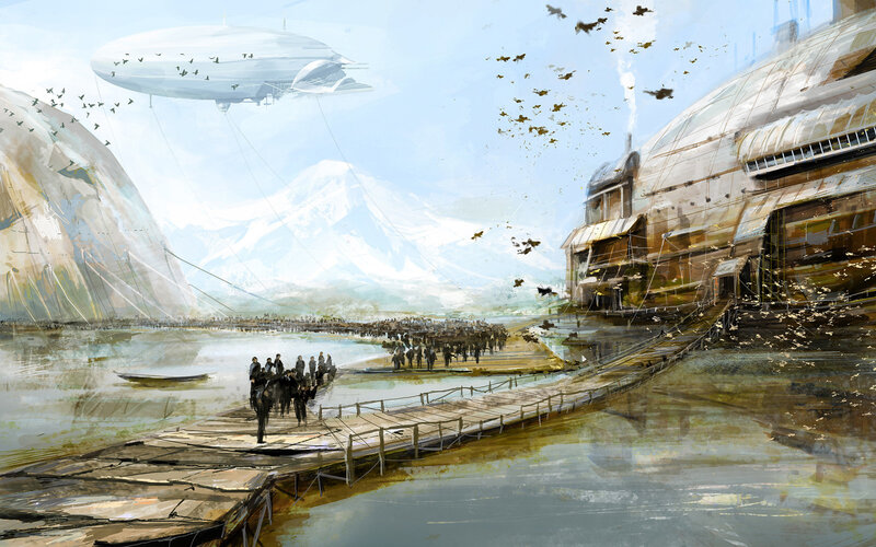 Airship docking at mountain port