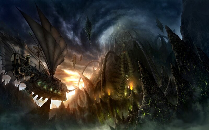 Airship Facing Giant Creature