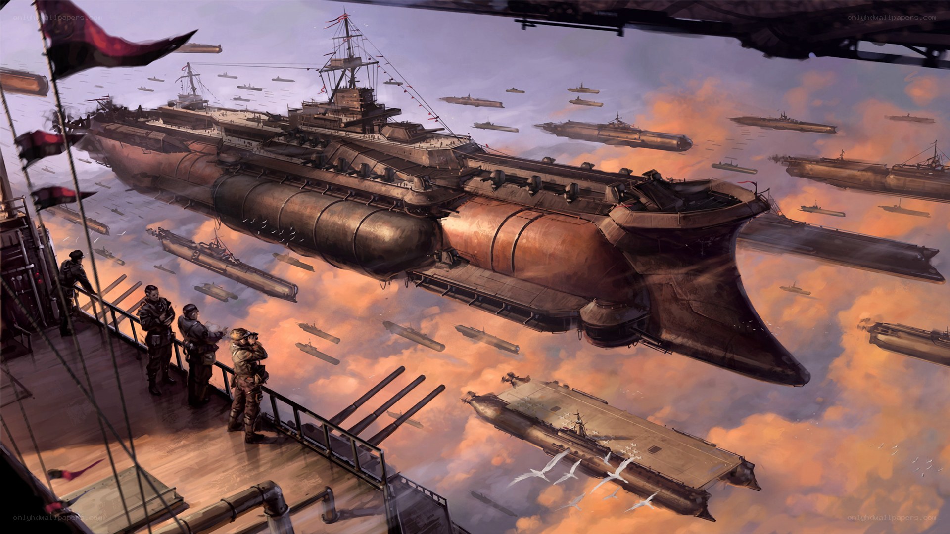 Airship fleet in sky