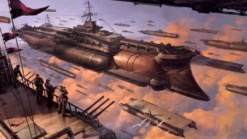 Airship Fleet in Sky — Orange, Dramatic, Sunset