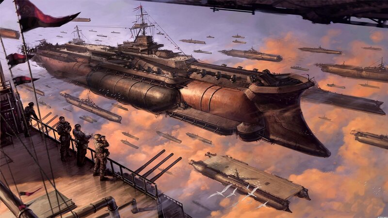 Airship Fleet in Sky — Orange, Dramatic