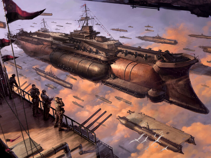 Airship Fleet in Sky — Orange