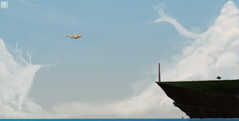 Airship Flying over Cliff
